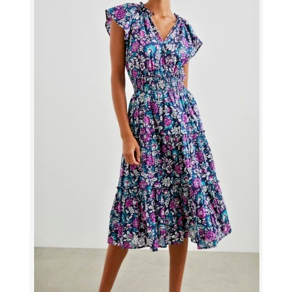 Rails Amellia Woodblock Smoked Ruffle Floral Tired Botanical Print Midi Dress L - Picture 5 of 5